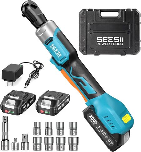 Seesii 3/8" Cordless Ratchet Wrench, 66Ft-lbs 200RPM Ratchet Wrench, 2 * 21V Rechargeable Power Electric Ratchet Driver with Variable Speed, 7 Sockets, 1/4" and 1/2" Adapter, 3" Extension Bar in Saudi Arabia