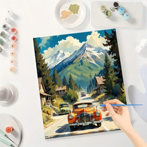 Retro Car Art Paint by Numbers Kit for Adults - DIY Classic Cars in Mountain Town Painting on Canvas 16x20 Inches, Acrylic Paint Set, Suitable for Beginners, Art for Home Decoration or Gifts in Saudi Arabia