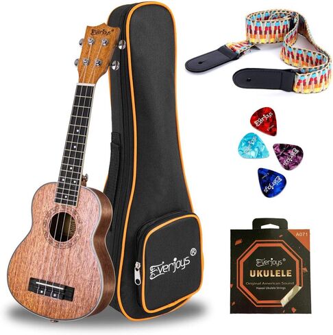 Everjoys Soprano Ukulele Mahogany 21 inch - Professional Wooden Ukelele Instrument Kit With Gig Bag Strap Picks Strings Free Online Lessons All in One Kit in Kuwait