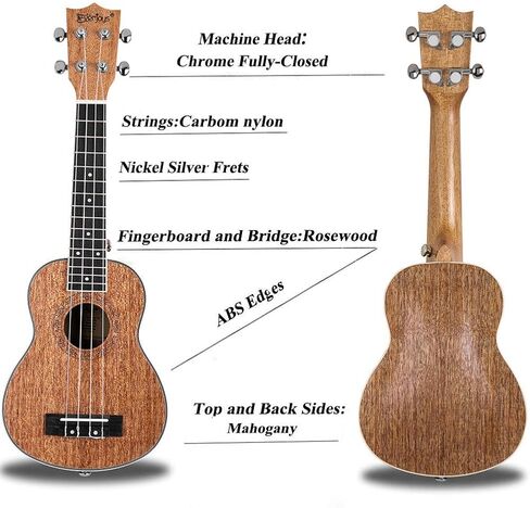 Everjoys Soprano Ukulele Mahogany 21 inch - Professional Wooden Ukelele Instrument Kit With Gig Bag Strap Picks Strings Free Online Lessons All in One Kit in Kuwait