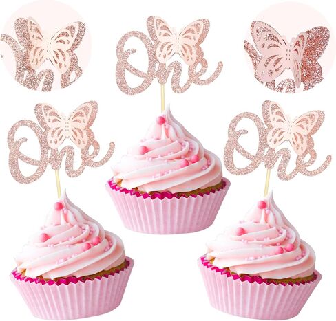 24 Pack Butterfly 1st Birthday Cupcake Toppers Glitter One Cupcake Picks for Baby Shower Kids Birthday Anniversary Party Cake Decorations Supplies Rose Gold in Saudi Arabia