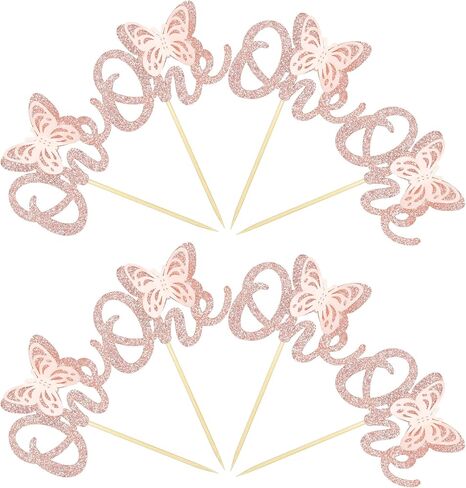 24 Pack Butterfly 1st Birthday Cupcake Toppers Glitter One Cupcake Picks for Baby Shower Kids Birthday Anniversary Party Cake Decorations Supplies Rose Gold in Saudi Arabia