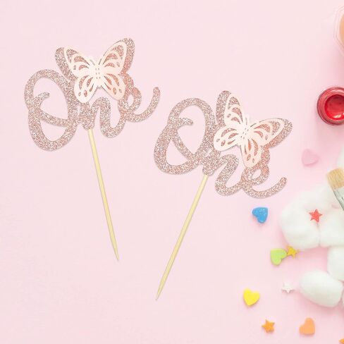 24 Pack Butterfly 1st Birthday Cupcake Toppers Glitter One Cupcake Picks for Baby Shower Kids Birthday Anniversary Party Cake Decorations Supplies Rose Gold in Saudi Arabia