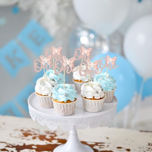 24 Pack Butterfly 1st Birthday Cupcake Toppers Glitter One Cupcake Picks for Baby Shower Kids Birthday Anniversary Party Cake Decorations Supplies Rose Gold in Saudi Arabia