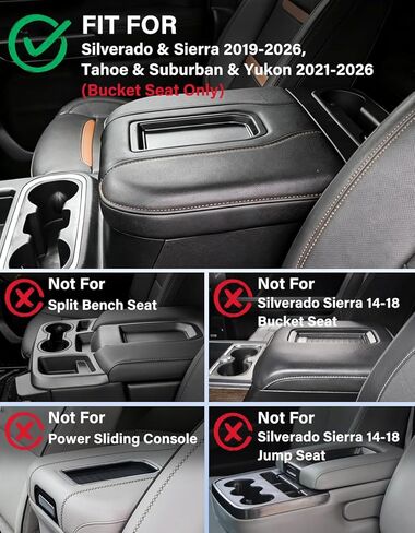 غطاء مسند ذراع وحدة التحكم المركزية لملحقات Chevy Silverado 1500 وGMC Sierra 2019-2026، Tahoe & Suburban & Yukon 2021-2026، واقي غطاء وحدة التحكم الوسطى من جلد البولي يوريثان، أسود (يناسب مقاعد الدلو فقط) in Saudi Arabia