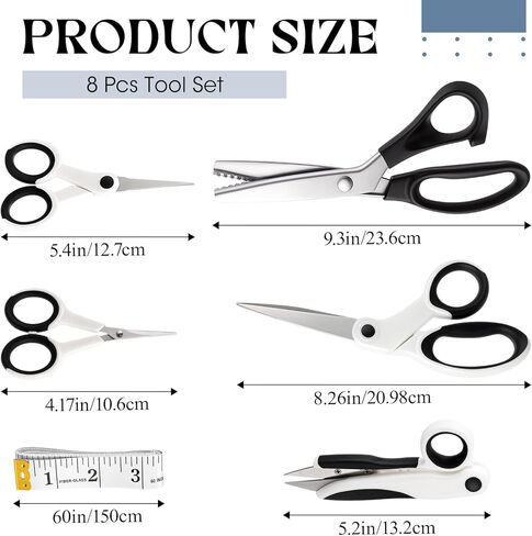Lanties 8 Piece Sewing Scissors Bundle for Sewing Crafts, 3/5/7 mm Pinking Shears with Fabric Scissor, Embroidery Scissors, Thread Snips Tape Measure for Leather, Dressmaking, Fabric, Craft Paper in Saudi Arabia