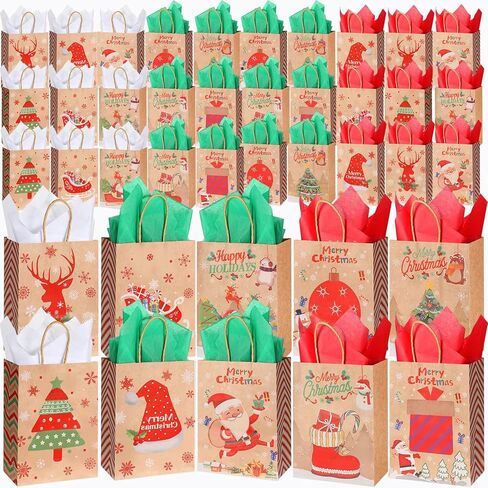 Fulmoon 60 Pcs Christmas Paper Gift Bags Bulk with Tissue Paper 8.3 x 6 x 3.1 Inch Small Holiday Party Favor Goodie Bags with Handle Assorted Christmas Design for Holiday Presents Wrapping (Rustic) in Saudi Arabia