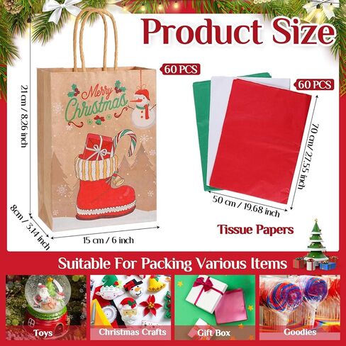 Fulmoon 60 Pcs Christmas Paper Gift Bags Bulk with Tissue Paper 8.3 x 6 x 3.1 Inch Small Holiday Party Favor Goodie Bags with Handle Assorted Christmas Design for Holiday Presents Wrapping (Rustic) in Saudi Arabia