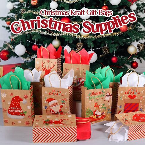 Fulmoon 60 Pcs Christmas Paper Gift Bags Bulk with Tissue Paper 8.3 x 6 x 3.1 Inch Small Holiday Party Favor Goodie Bags with Handle Assorted Christmas Design for Holiday Presents Wrapping (Rustic) in Saudi Arabia