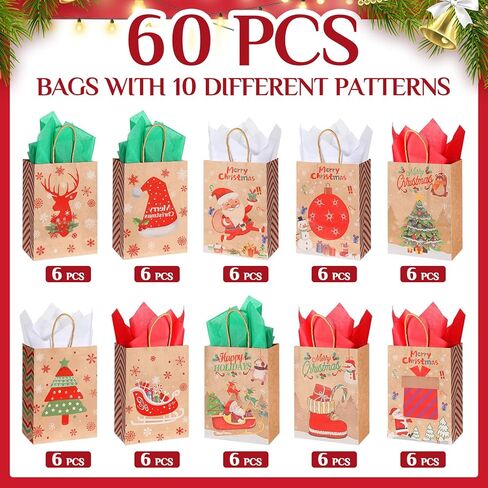 Fulmoon 60 Pcs Christmas Paper Gift Bags Bulk with Tissue Paper 8.3 x 6 x 3.1 Inch Small Holiday Party Favor Goodie Bags with Handle Assorted Christmas Design for Holiday Presents Wrapping (Rustic) in Saudi Arabia