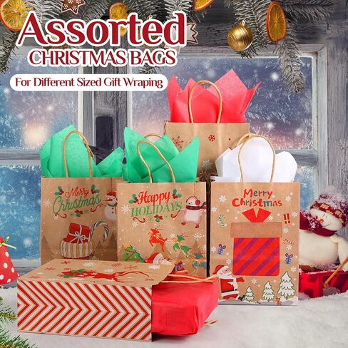 Fulmoon 60 Pcs Christmas Paper Gift Bags Bulk with Tissue Paper 8.3 x 6 x 3.1 Inch Small Holiday Party Favor Goodie Bags with Handle Assorted Christmas Design for Holiday Presents Wrapping (Rustic) in Saudi Arabia