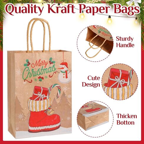 Fulmoon 60 Pcs Christmas Paper Gift Bags Bulk with Tissue Paper 8.3 x 6 x 3.1 Inch Small Holiday Party Favor Goodie Bags with Handle Assorted Christmas Design for Holiday Presents Wrapping (Rustic) in Saudi Arabia