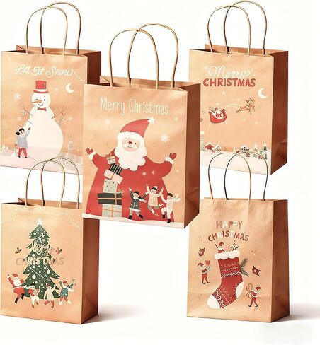 Christmas Gift Bags with Handle 10Pcs Small Christmas Kraft Paper Bags Holiday Gift Bags for Xmas Presents, 9.1x7.1x3.7 Inches, 5 Designs in Saudi Arabia