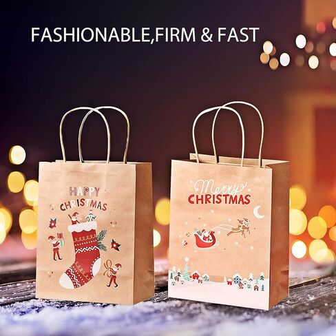 Christmas Gift Bags with Handle 10Pcs Small Christmas Kraft Paper Bags Holiday Gift Bags for Xmas Presents, 9.1x7.1x3.7 Inches, 5 Designs in Saudi Arabia