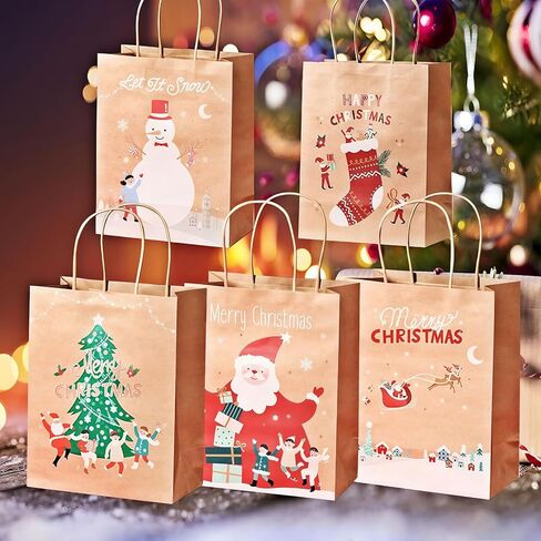 Christmas Gift Bags with Handle 10Pcs Small Christmas Kraft Paper Bags Holiday Gift Bags for Xmas Presents, 9.1x7.1x3.7 Inches, 5 Designs in Saudi Arabia