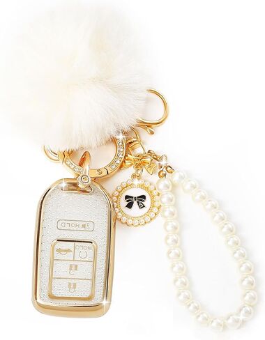 متوافق مع غطاء Honda Key Fob مع سلسلة مفاتيح Pom Pom، ملحقات غطاء مفتاح السيارة لـ 2016-2022 Honda Accord Civic Pilot Ridgeline Passport مفتاح ذكي عن بعد للنساء، وردي-5 أزرار in Kuwait