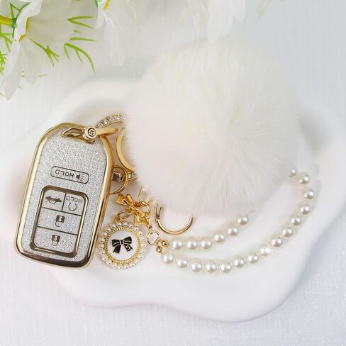 متوافق مع غطاء Honda Key Fob مع سلسلة مفاتيح Pom Pom، ملحقات غطاء مفتاح السيارة لـ 2016-2022 Honda Accord Civic Pilot Ridgeline Passport مفتاح ذكي عن بعد للنساء، وردي-5 أزرار in Kuwait