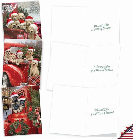 The Best Card Company - مجموعة متنوعة من 20 بطاقة تهنئة لعيد الميلاد مع مغلفات، تشكيلة عطلة الفكاهة للرجال والنساء (10 تصميمات، 2 لكل منهما) - Red Truck Puppies AM3375XSG-B2x10 in Kuwait