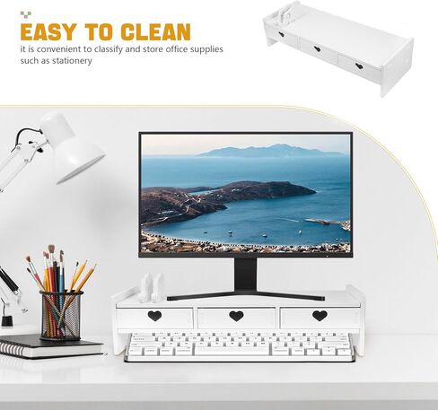 Computer Monitor Stand Riser with 3-Drawer Storage Organizer, White Desktop Keyboard Storage Rack for Office Desk Workspace Elevation and Monitor Heightening in Saudi Arabia