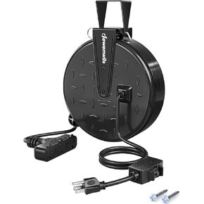 DEWENWILS 30 Ft Retractable Extension Cord Reel, Ceiling/Wall Mount 16/3 Gauge SJTW Power Cord with 3 Electrical Outlets Pigtail for Garage and Shop, 10 Amp Circuit Breaker, Metal Plate, UL Listed in Kuwait