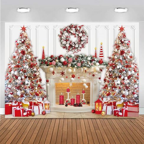 Christmas Photo Backdrop 7x5FT Red White Christmas Tree Fireplace Photography Background for Xmas Family Winter New Year Eve Holiday Party Decorations Banner 82x59 inch in Kuwait