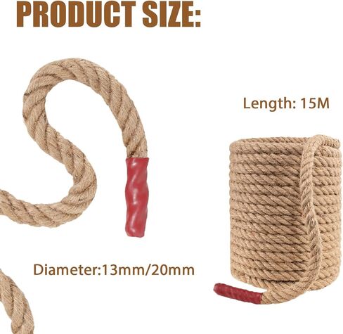 Jute Rope, Natural Hemp Rope, 4-Strand Thick Nautical Ropes (1/2 Inch 49Ft) for Decorative, Crafts, Porch Swing, Hanging, Tug of War, Packing in Saudi Arabia