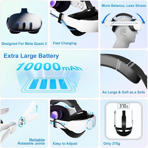 10000mAh Battery Head Strap For Meta Quest 3s/3 With Cool RGB and Magnetic Battery Design,Oculus Quest 3/3s accessories Extra VR Playtime with Premium Comfort & Adjustable, Reduce Facial Stress in Kuwait