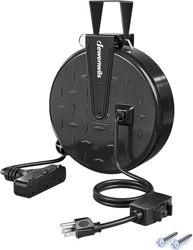 DEWENWILS 30 Ft Retractable Extension Cord Reel, Ceiling/Wall Mount 16/3 Gauge SJTW Power Cord with 3 Electrical Outlets Pigtail for Garage and Shop, 10 Amp Circuit Breaker, Metal Plate, UL Listed in Kuwait