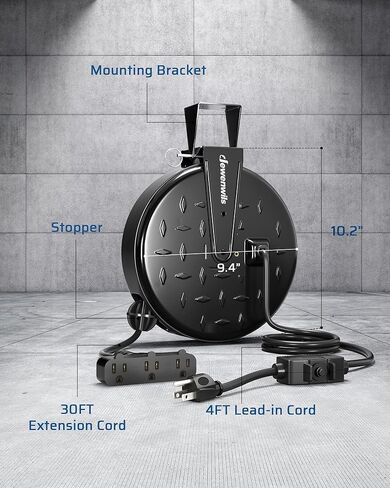 DEWENWILS 30 Ft Retractable Extension Cord Reel, Ceiling/Wall Mount 16/3 Gauge SJTW Power Cord with 3 Electrical Outlets Pigtail for Garage and Shop, 10 Amp Circuit Breaker, Metal Plate, UL Listed in Kuwait