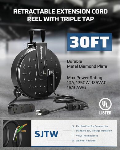 DEWENWILS 30 Ft Retractable Extension Cord Reel, Ceiling/Wall Mount 16/3 Gauge SJTW Power Cord with 3 Electrical Outlets Pigtail for Garage and Shop, 10 Amp Circuit Breaker, Metal Plate, UL Listed in Kuwait