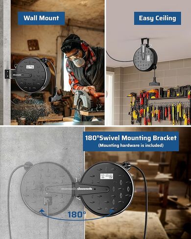 DEWENWILS 30 Ft Retractable Extension Cord Reel, Ceiling/Wall Mount 16/3 Gauge SJTW Power Cord with 3 Electrical Outlets Pigtail for Garage and Shop, 10 Amp Circuit Breaker, Metal Plate, UL Listed in Kuwait