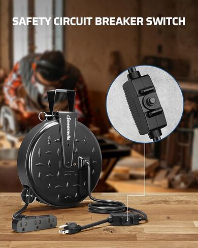 DEWENWILS 30 Ft Retractable Extension Cord Reel, Ceiling/Wall Mount 16/3 Gauge SJTW Power Cord with 3 Electrical Outlets Pigtail for Garage and Shop, 10 Amp Circuit Breaker, Metal Plate, UL Listed in Kuwait