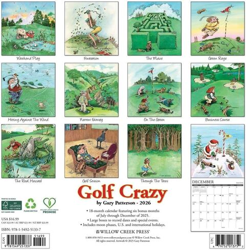Willow Creek Press, Golf Crazy by Gary Patterson 2026 Wall Calendar, 12'' X 12'', 18-Month Calendar with Stapled Binding in Saudi Arabia