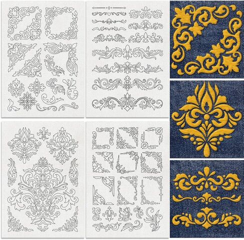 53Pcs Damask Corner Water Soluble Hand Sewing Stabilizers, 8.3"x11.7" Acanthus Leaf Embroidery Pattern Stabilizer, 4 Sheets Floral Vines Border Stick and Stitch Embroidery Paper Sticker in Saudi Arabia