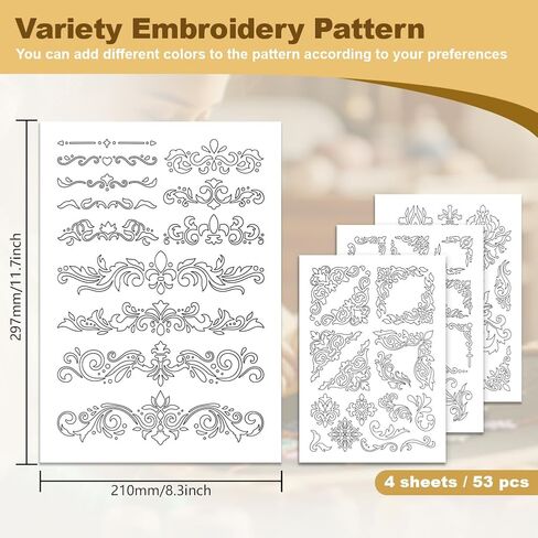 53Pcs Damask Corner Water Soluble Hand Sewing Stabilizers, 8.3"x11.7" Acanthus Leaf Embroidery Pattern Stabilizer, 4 Sheets Floral Vines Border Stick and Stitch Embroidery Paper Sticker in Saudi Arabia