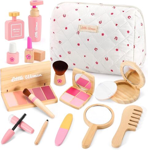 Wooden Makeup Toy Set for Girls: Pretend Makeup Play Set for Toddlers 3-5 - Kids Makeup Set with Eyeshadow/ Mascara/ Mirror/ Bag - Gifts Toys for 3 4 5 6 7 8 Years Old Kids Children in Saudi Arabia