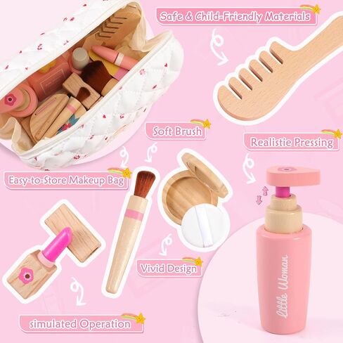 Wooden Makeup Toy Set for Girls: Pretend Makeup Play Set for Toddlers 3-5 - Kids Makeup Set with Eyeshadow/ Mascara/ Mirror/ Bag - Gifts Toys for 3 4 5 6 7 8 Years Old Kids Children in Saudi Arabia