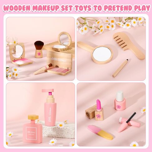 Wooden Makeup Toy Set for Girls: Pretend Makeup Play Set for Toddlers 3-5 - Kids Makeup Set with Eyeshadow/ Mascara/ Mirror/ Bag - Gifts Toys for 3 4 5 6 7 8 Years Old Kids Children in Saudi Arabia