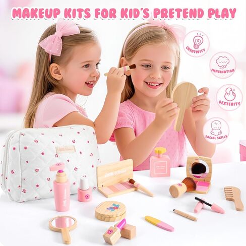 Wooden Makeup Toy Set for Girls: Pretend Makeup Play Set for Toddlers 3-5 - Kids Makeup Set with Eyeshadow/ Mascara/ Mirror/ Bag - Gifts Toys for 3 4 5 6 7 8 Years Old Kids Children in Saudi Arabia