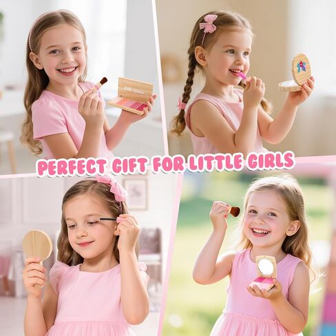 Wooden Makeup Toy Set for Girls: Pretend Makeup Play Set for Toddlers 3-5 - Kids Makeup Set with Eyeshadow/ Mascara/ Mirror/ Bag - Gifts Toys for 3 4 5 6 7 8 Years Old Kids Children in Saudi Arabia