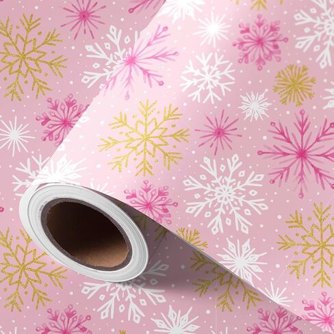 JarThenaAMCS Christmas Wrapping Paper -Mini Roll- 17in x 32.8Ft Gold Pink Xmas Snowflake Gift Wrap Paper for Christmas Holiday Party Wrapping Supplies in Saudi Arabia