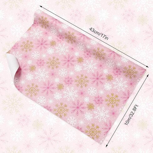 JarThenaAMCS Christmas Wrapping Paper -Mini Roll- 17in x 32.8Ft Gold Pink Xmas Snowflake Gift Wrap Paper for Christmas Holiday Party Wrapping Supplies in Saudi Arabia