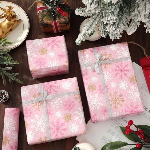 JarThenaAMCS Christmas Wrapping Paper -Mini Roll- 17in x 32.8Ft Gold Pink Xmas Snowflake Gift Wrap Paper for Christmas Holiday Party Wrapping Supplies in Saudi Arabia