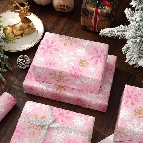 JarThenaAMCS Christmas Wrapping Paper -Mini Roll- 17in x 32.8Ft Gold Pink Xmas Snowflake Gift Wrap Paper for Christmas Holiday Party Wrapping Supplies in Saudi Arabia