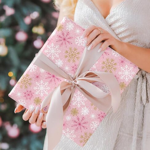 JarThenaAMCS Christmas Wrapping Paper -Mini Roll- 17in x 32.8Ft Gold Pink Xmas Snowflake Gift Wrap Paper for Christmas Holiday Party Wrapping Supplies in Saudi Arabia