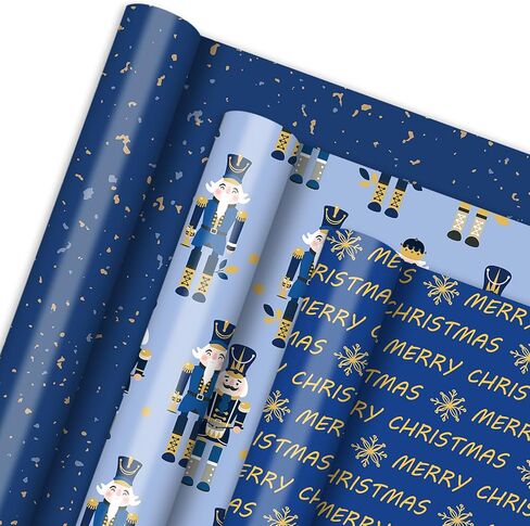 JarThenaAMCS Christmas Nutcracker Wrapping Paper - Mini Roll - 17 Inch x 16.4 Ft Navy Blue Gold Snowflake Gift Wrap Paper for Xmas Winter Party DIY Crafts, 3 Rolls in Saudi Arabia