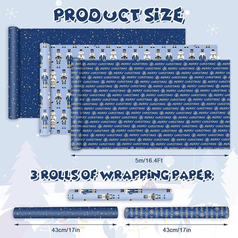 JarThenaAMCS Christmas Nutcracker Wrapping Paper - Mini Roll - 17 Inch x 16.4 Ft Navy Blue Gold Snowflake Gift Wrap Paper for Xmas Winter Party DIY Crafts, 3 Rolls in Saudi Arabia