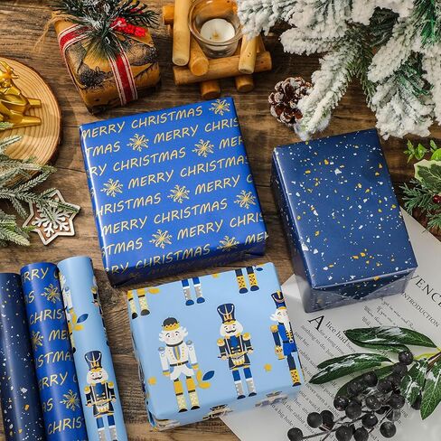 JarThenaAMCS Christmas Nutcracker Wrapping Paper - Mini Roll - 17 Inch x 16.4 Ft Navy Blue Gold Snowflake Gift Wrap Paper for Xmas Winter Party DIY Crafts, 3 Rolls in Saudi Arabia