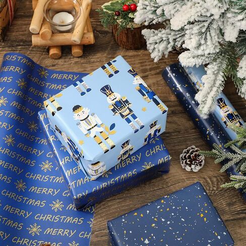 JarThenaAMCS Christmas Nutcracker Wrapping Paper - Mini Roll - 17 Inch x 16.4 Ft Navy Blue Gold Snowflake Gift Wrap Paper for Xmas Winter Party DIY Crafts, 3 Rolls in Saudi Arabia
