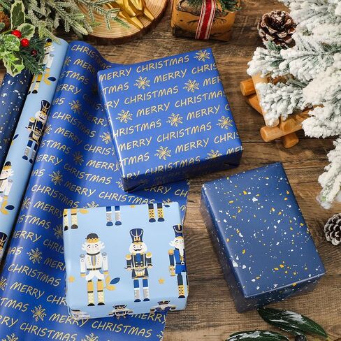 JarThenaAMCS Christmas Nutcracker Wrapping Paper - Mini Roll - 17 Inch x 16.4 Ft Navy Blue Gold Snowflake Gift Wrap Paper for Xmas Winter Party DIY Crafts, 3 Rolls in Saudi Arabia